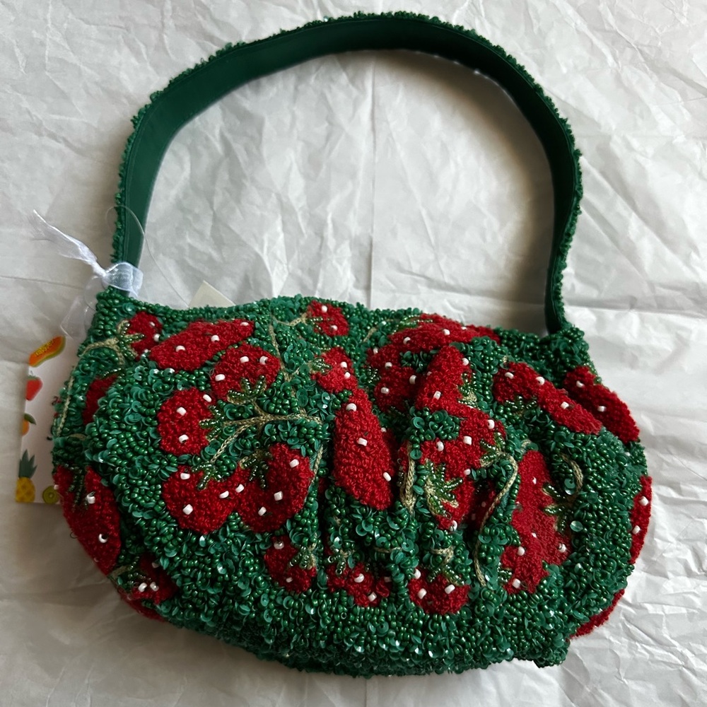 RARE Green and Red Hand Beaded Strawberry-Pattern Shoulder Bag